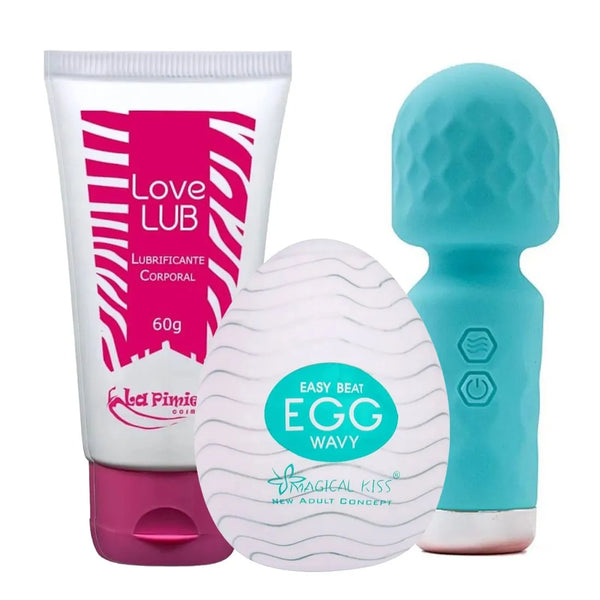 Kit com Vibrador Varinha Recarregavel Love Lub Neutro e Egg Wavy