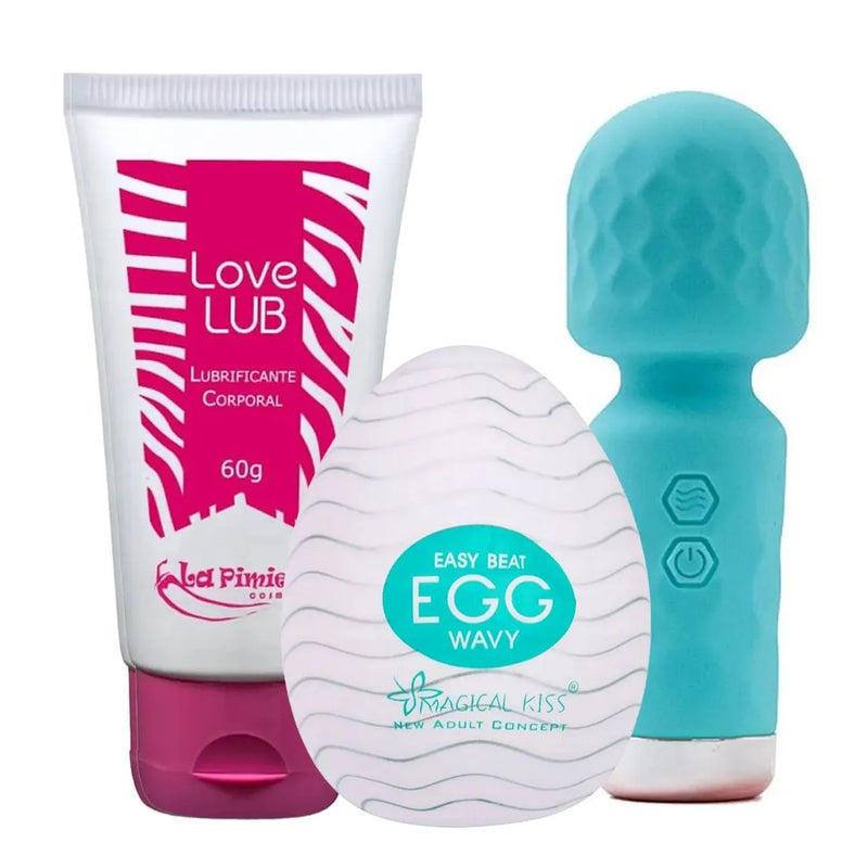 Kit com Vibrador Varinha Recarregavel Love Lub Neutro e Egg Wavy